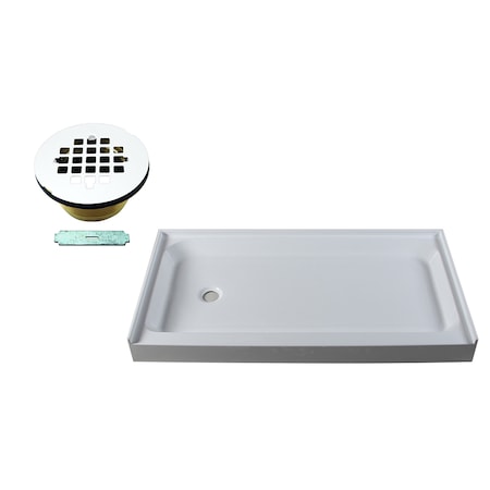 Westbrass Shower Pan 60 x 34 3-Wall W/ Left Hand Solid Brass Drain W/ Modern Cross Grid in Powder Coat White HPG6034LWHB-50